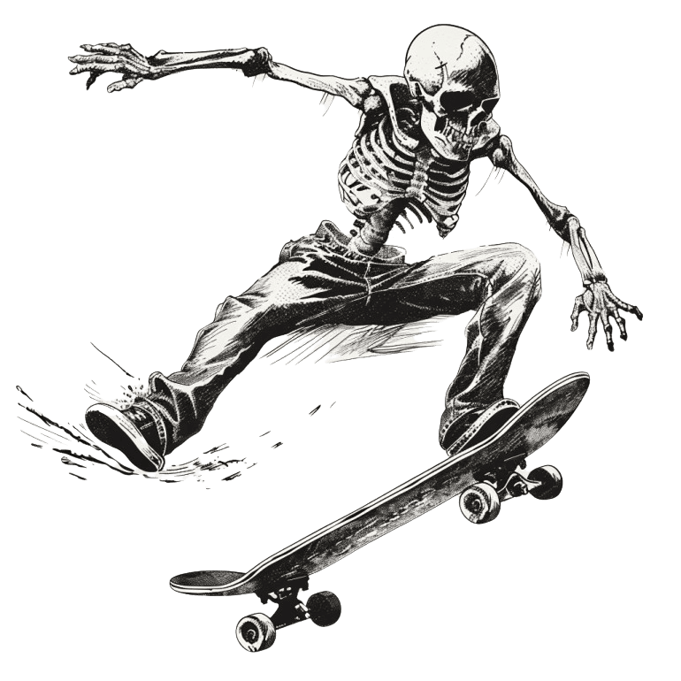 Skeleton doing a kickflip on a skateboard